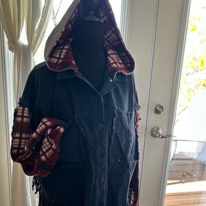 Navy Blue Hooded Jacket with Burgundy Plaid Lining